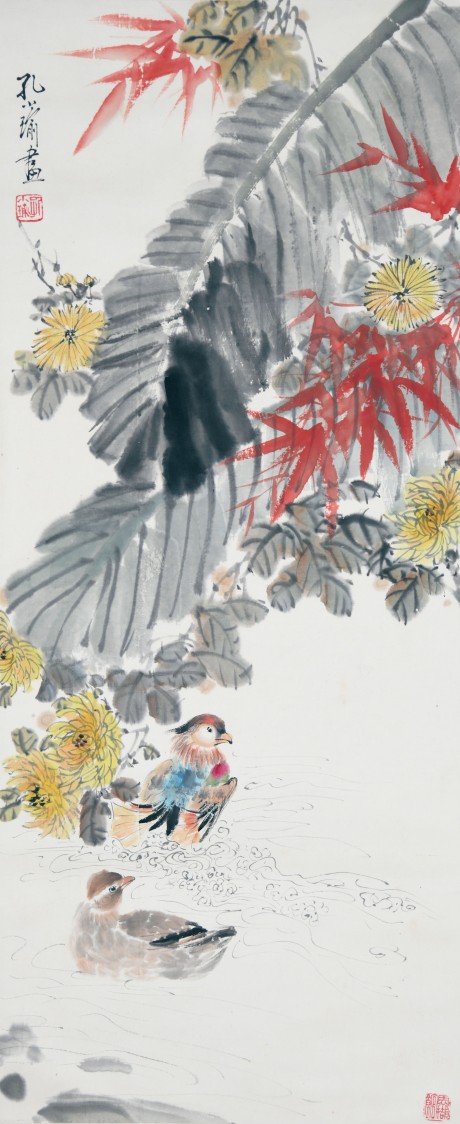 孔小喻  花鳥立軸	96*40cm