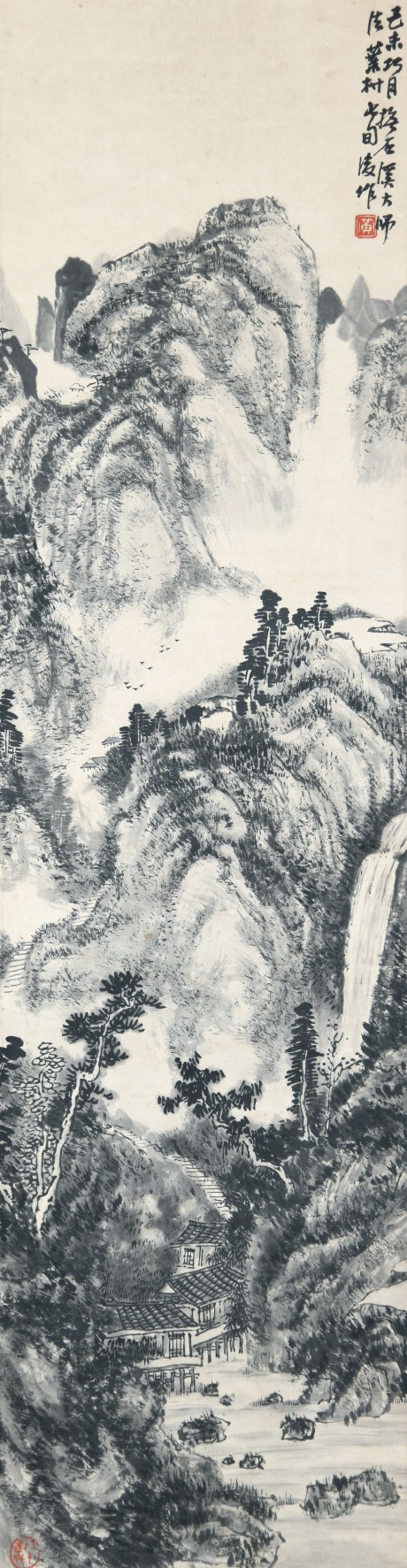 黃葉村  山水立軸	124×33CM