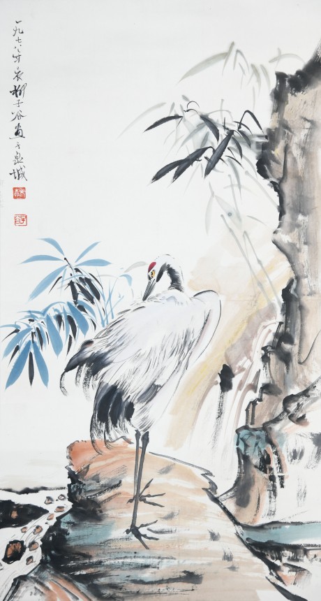 柳子谷  鶴立軸 100×53CM